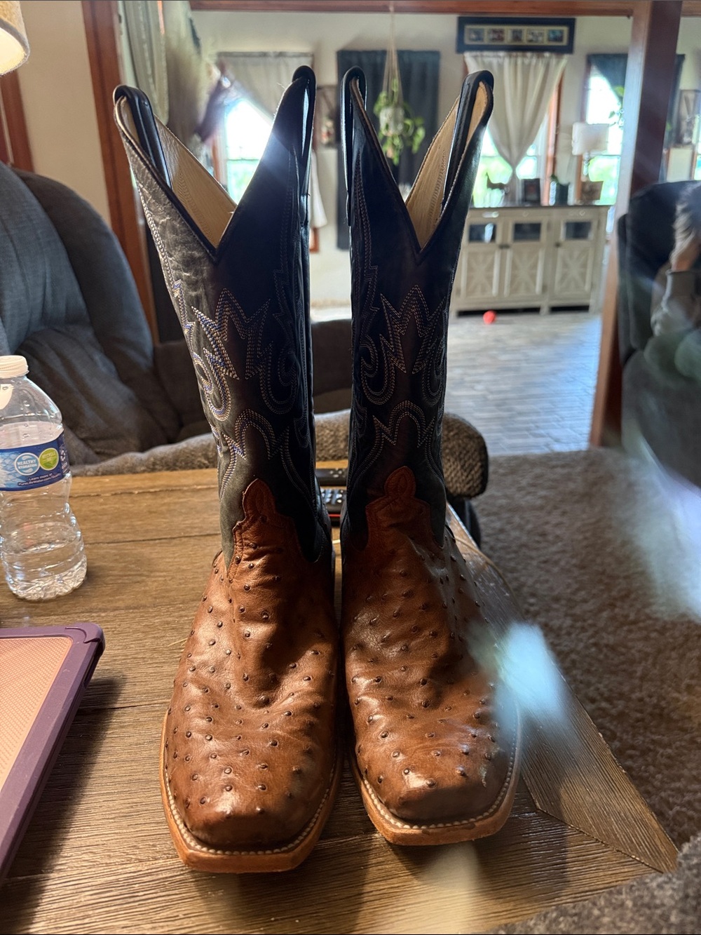 Top hand collection Brown Ostrich Leather Cowboy Boots with Black Shaft